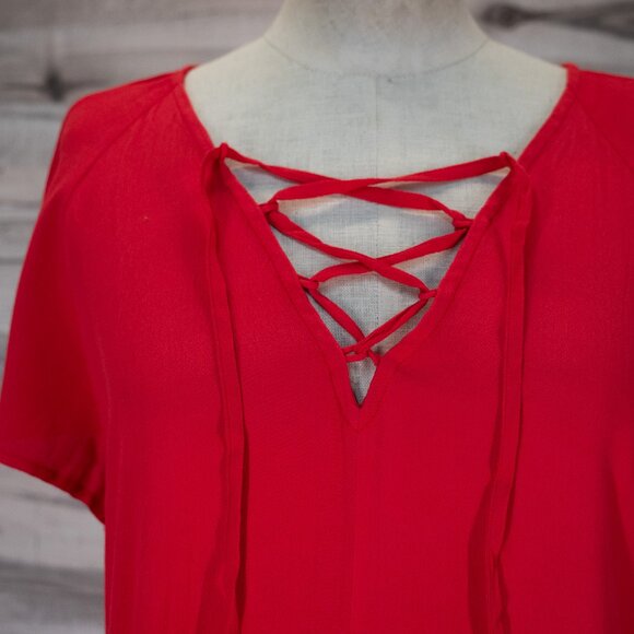 Madewell Cherry Red Dress Lace Up V-neck Flutter Sleeve - Picture 3 of 6